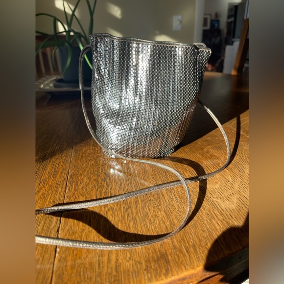 Whiting & Davis* see ⬇️ metal mesh bag. 7”x7” 4”x4” bottom. 38” leather shoulder - Picture 1 of 8